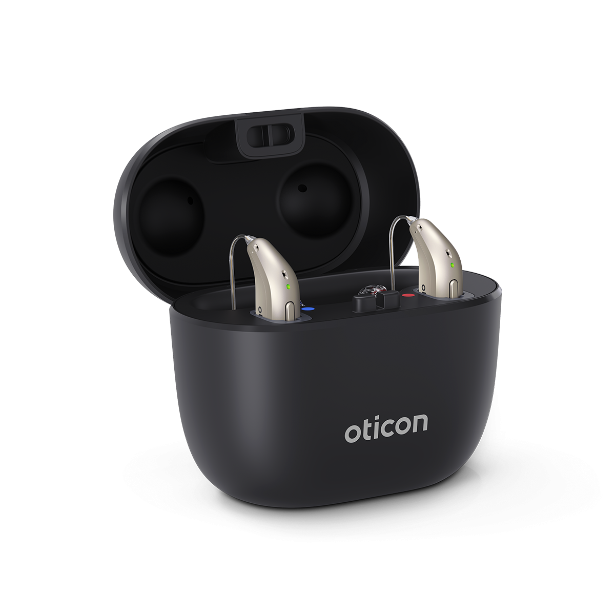 2 silbere OPN Hörgeräte in der runden Ladestation von Oticon